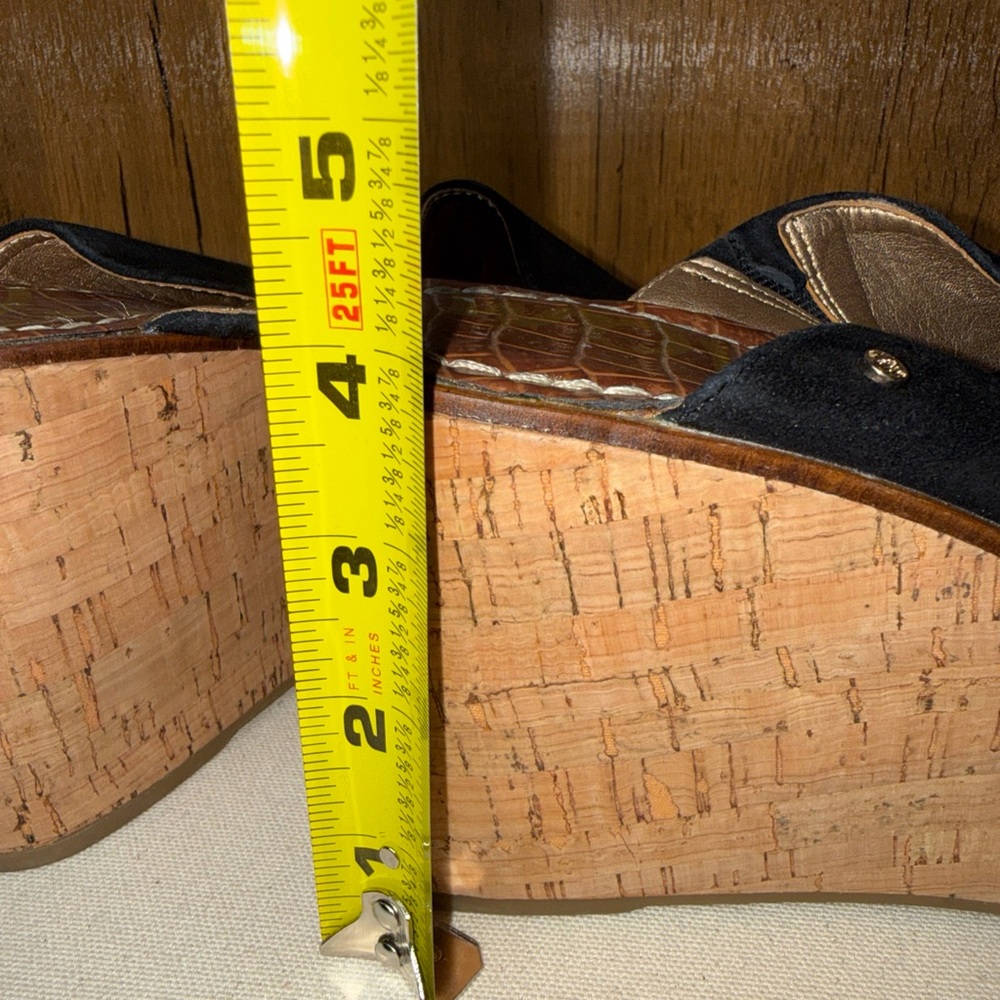 Sam Edelman Darlene Slip On Sandles Cork Look Platform Black Suede Upper Sz 9 - Picture 16 of 16